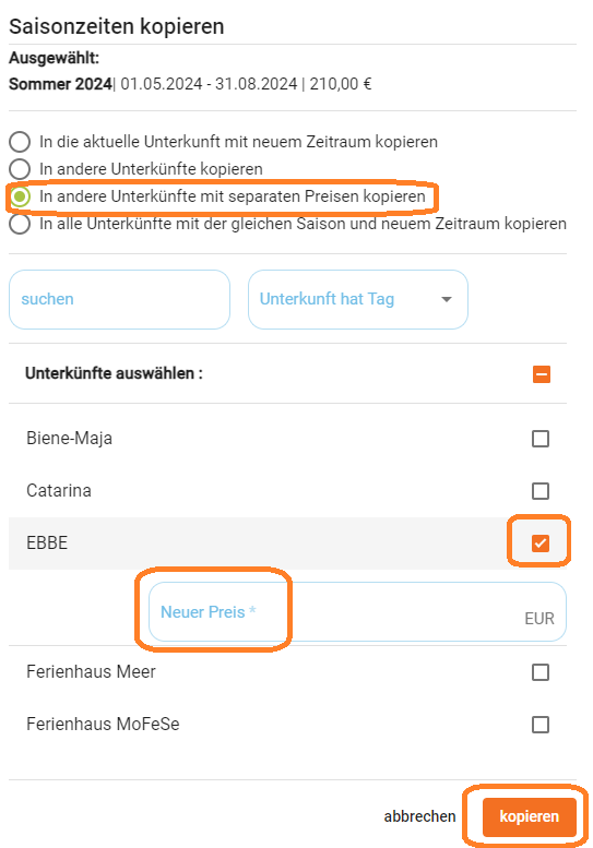 Unterkunft - Mietpreise kopieren in andere Unterkünfte mit separaten Preisen3