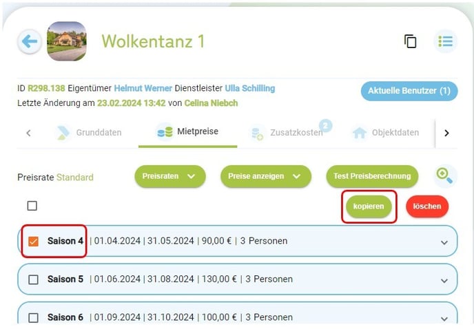 Unterkunft - Mietpreise kopieren in andere Unterkunft2